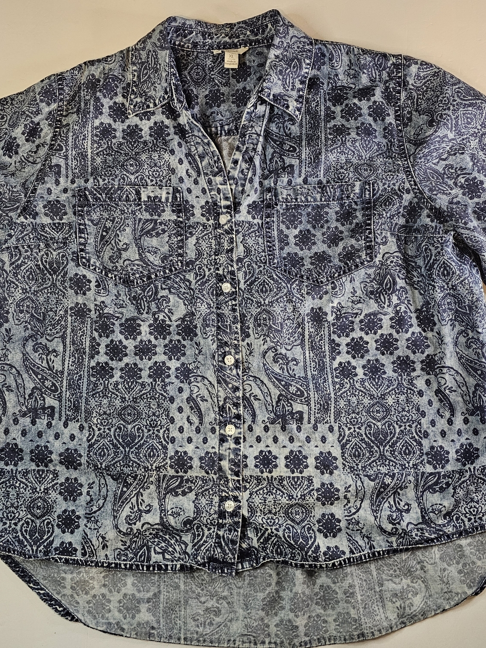 Cato Denim Blue Paisley Print Button Down Shirt Cotton Blend Pockets Size XL